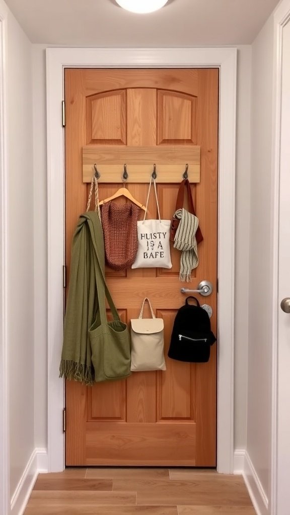 Puerta de madera con ganchos que sostienen bufandas, bolsos y una bolsa de compras.