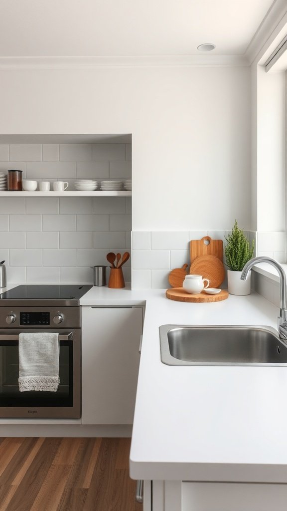 Cocina minimalista con superficies limpias y organizadas.