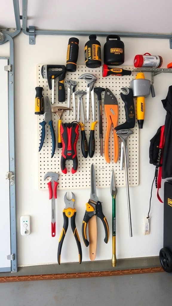 Panel de pared con herramientas organizadas, incluyendo destornilladores, tijeras y más.