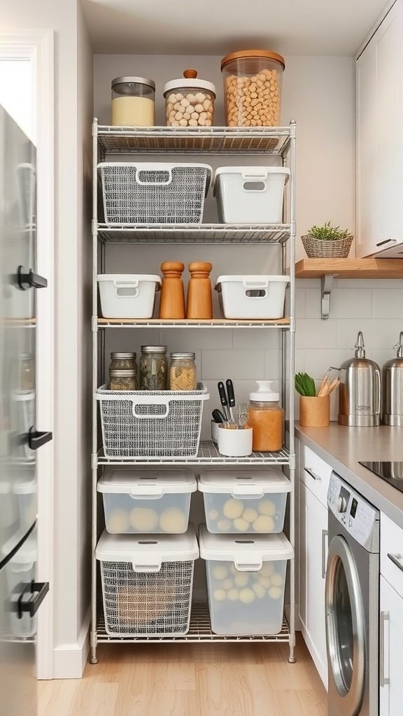 Estantería de almacenamiento vertical con cajas y frascos en una cocina moderna.