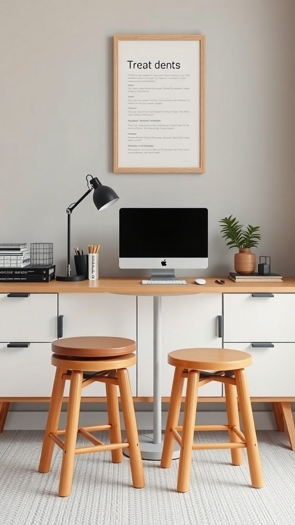 Taburetes apilables junto a una mesa auxiliar en una oficina moderna.