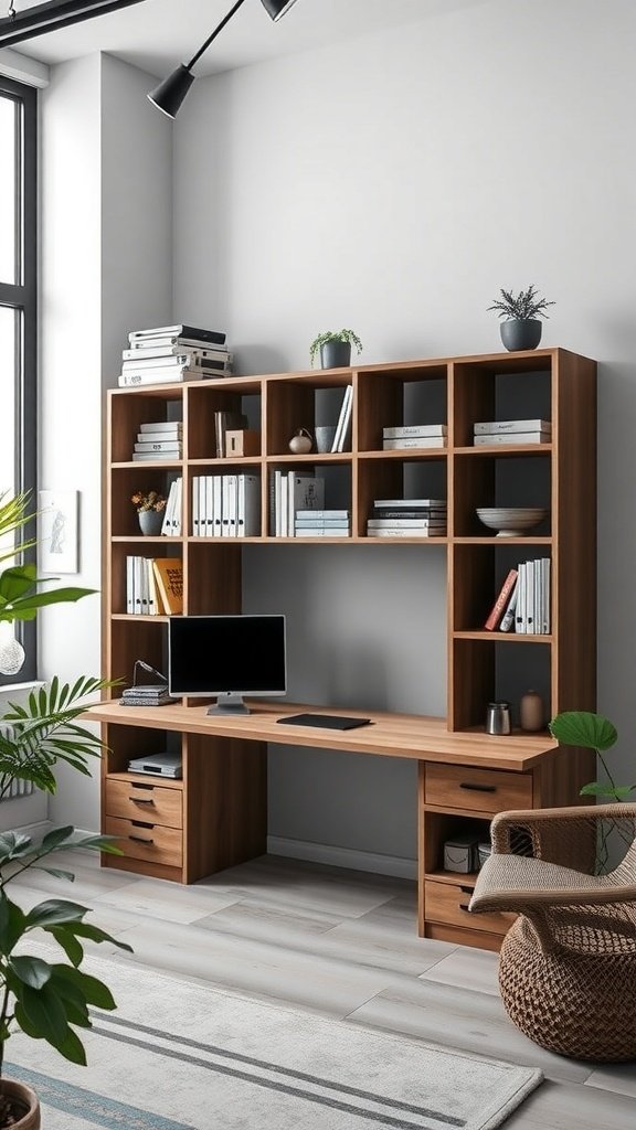 Estantería modular con escritorio integrado en una oficina moderna.