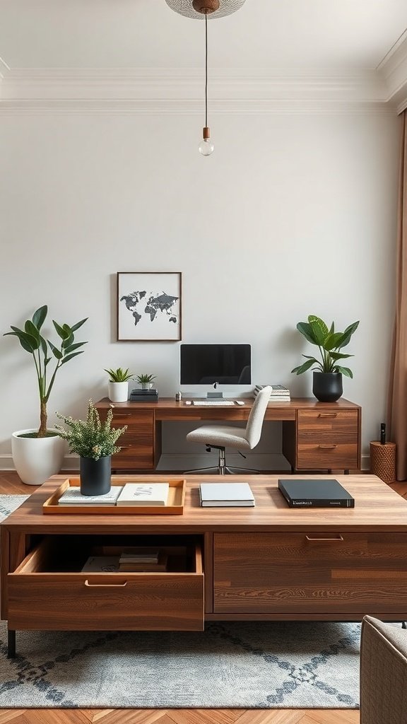 Mesa de café moderna con espacio de almacenamiento oculto en una oficina en casa.