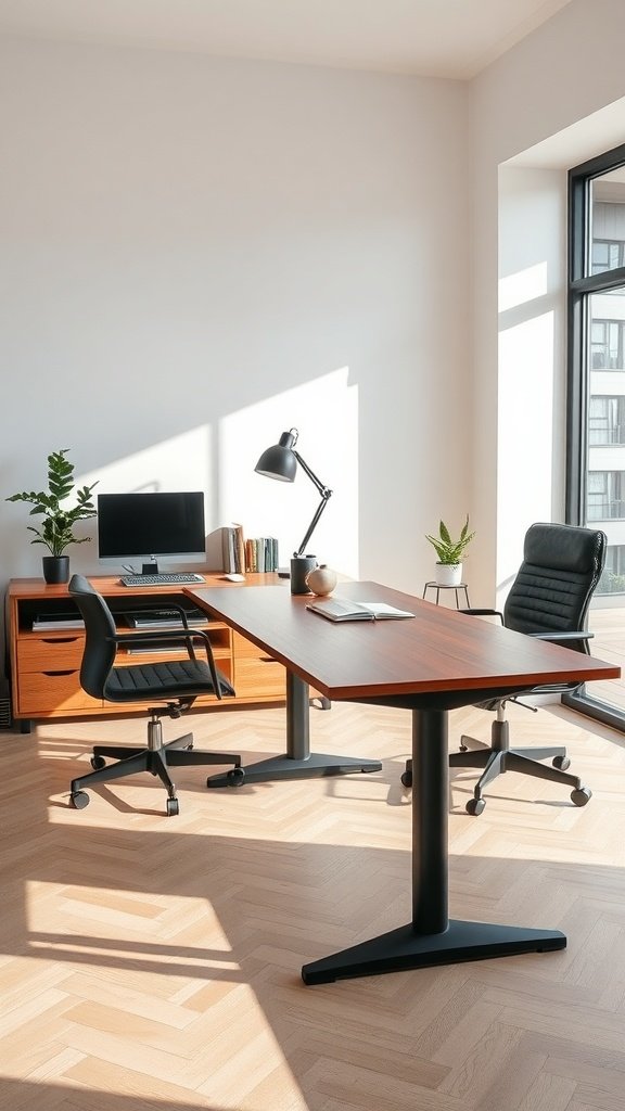 Escritorio moderno en una oficina con luz natural, que se puede convertir en mesa de comedor.