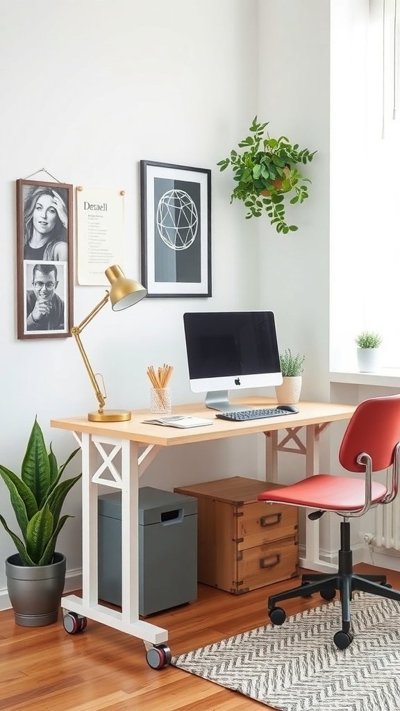 Estación de trabajo móvil con escritorio, silla roja y plantas decorativas.