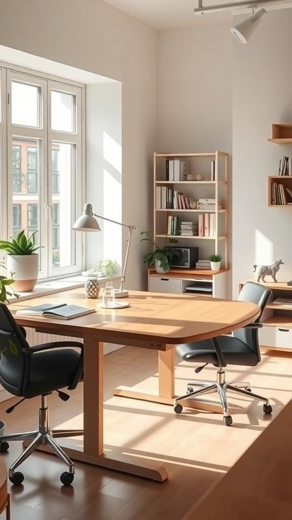 Mesa de trabajo extensible en una oficina moderna con luz natural.