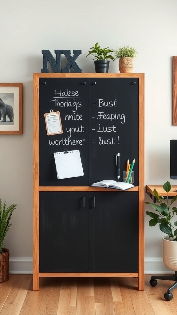 Mueble de almacenamiento con pizarra en una oficina en casa.