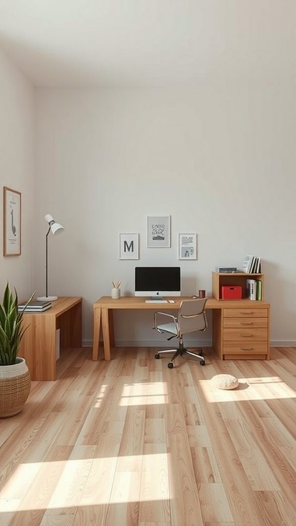 Oficina moderna con muebles de madera clara y un espacio organizado.