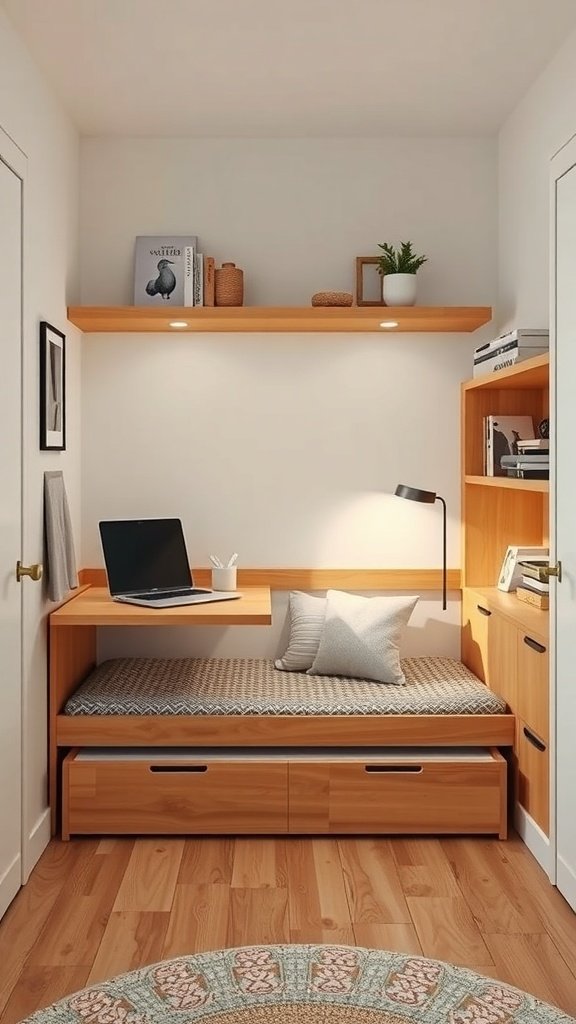 Cama nido con escritorio y estanterías en un espacio reducido.