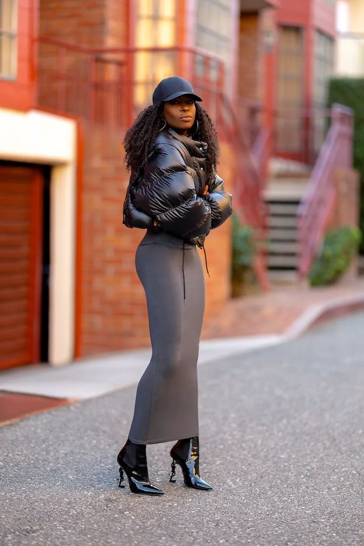 Chaqueta acolchada + vestido largo de manga larga | Vestido largo de invierno, Conjunto de vestido ajustado, Conjunto de vestido largo de invierno - Conjunto de chaqueta acolchada corta