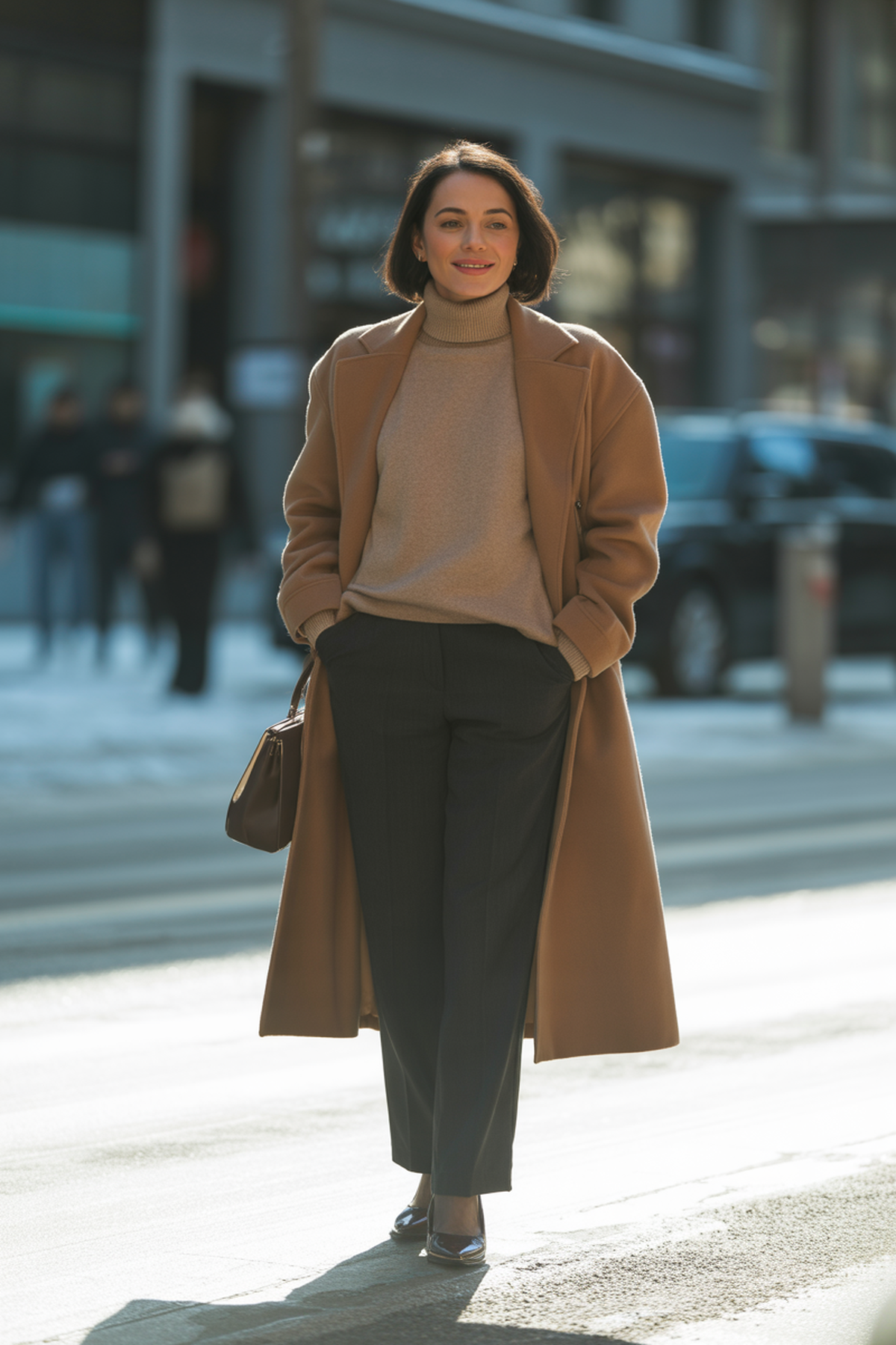 Classic Wool Coat Paired With Turtleneck Sweater