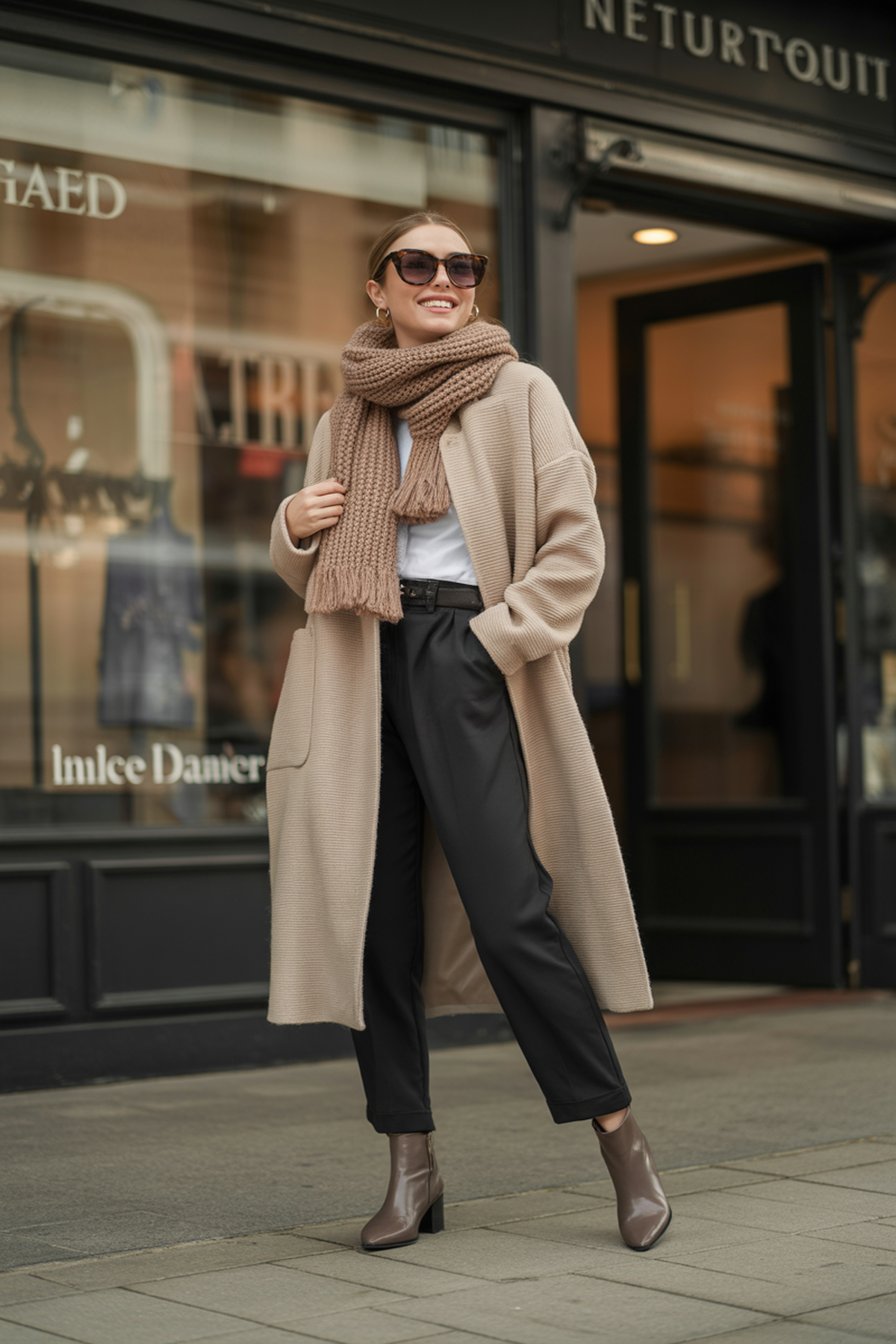 Cozy Knit Coat With Oversized Sunglasses And Scarf