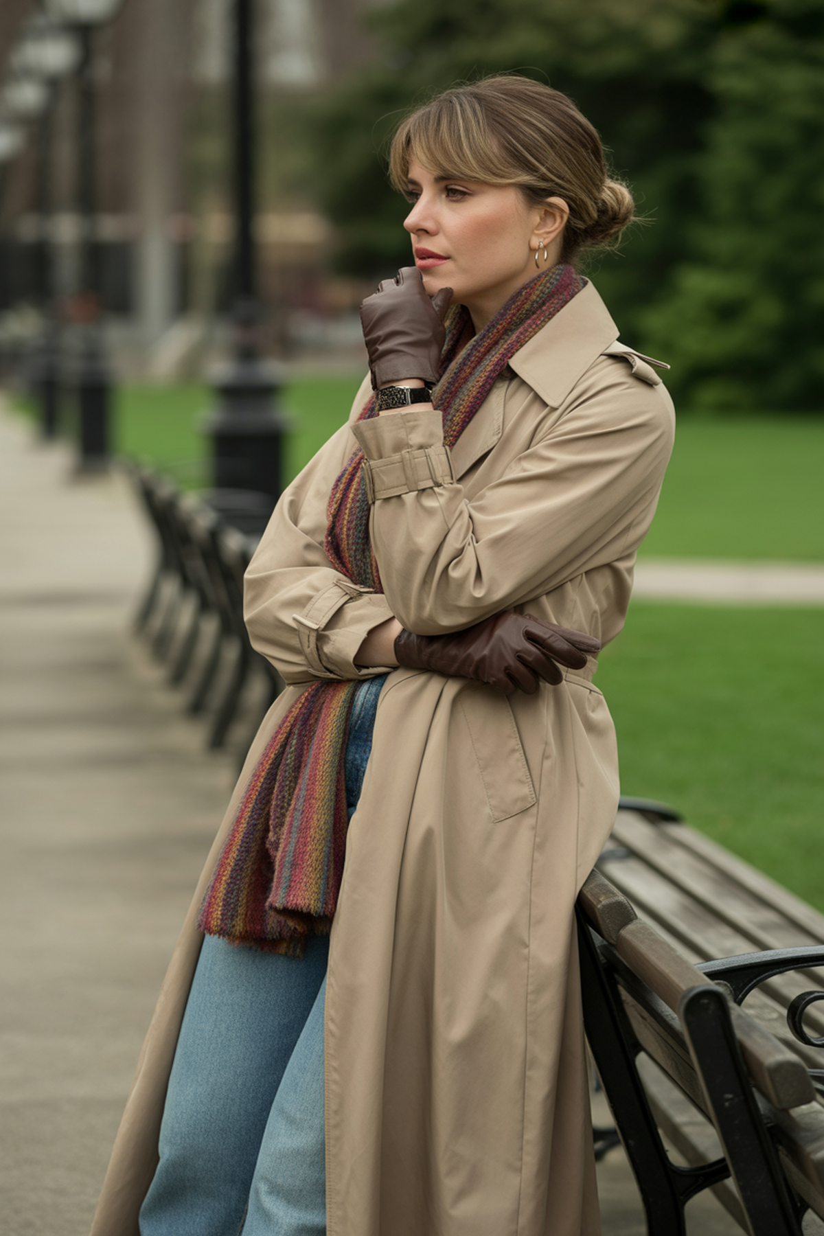 Long Trench Coat With Layered Scarves And Gloves