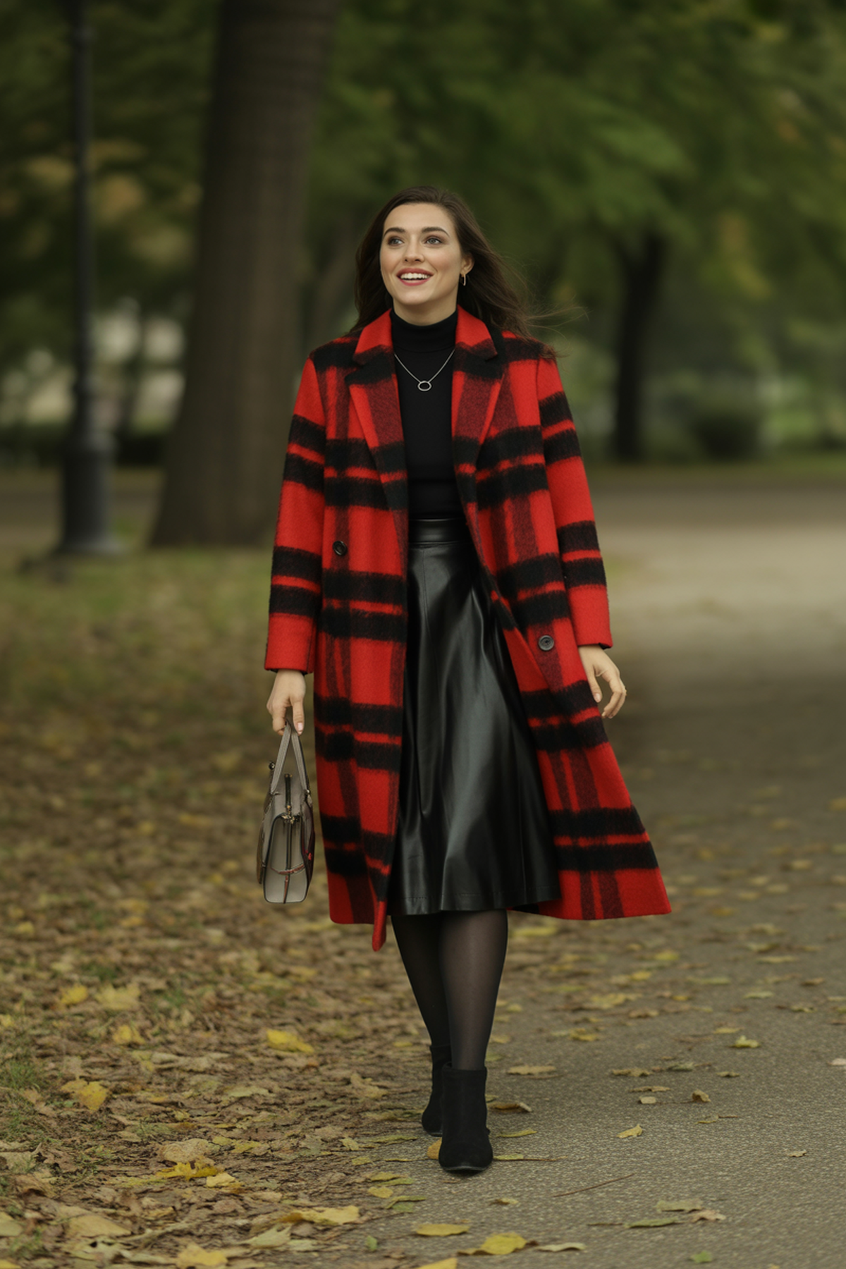 Plaid Coat Styled With Midi Skirt And Tights