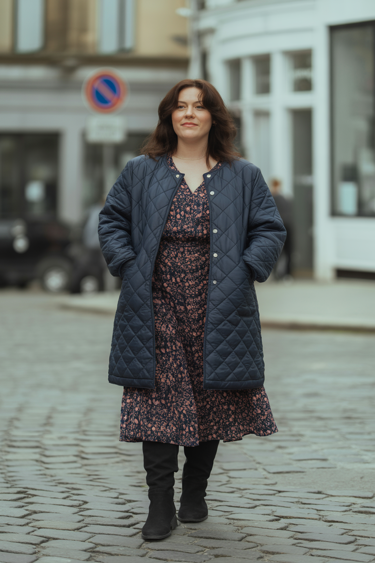 Quilted Coat With Midi Dress And Knee-High Boots