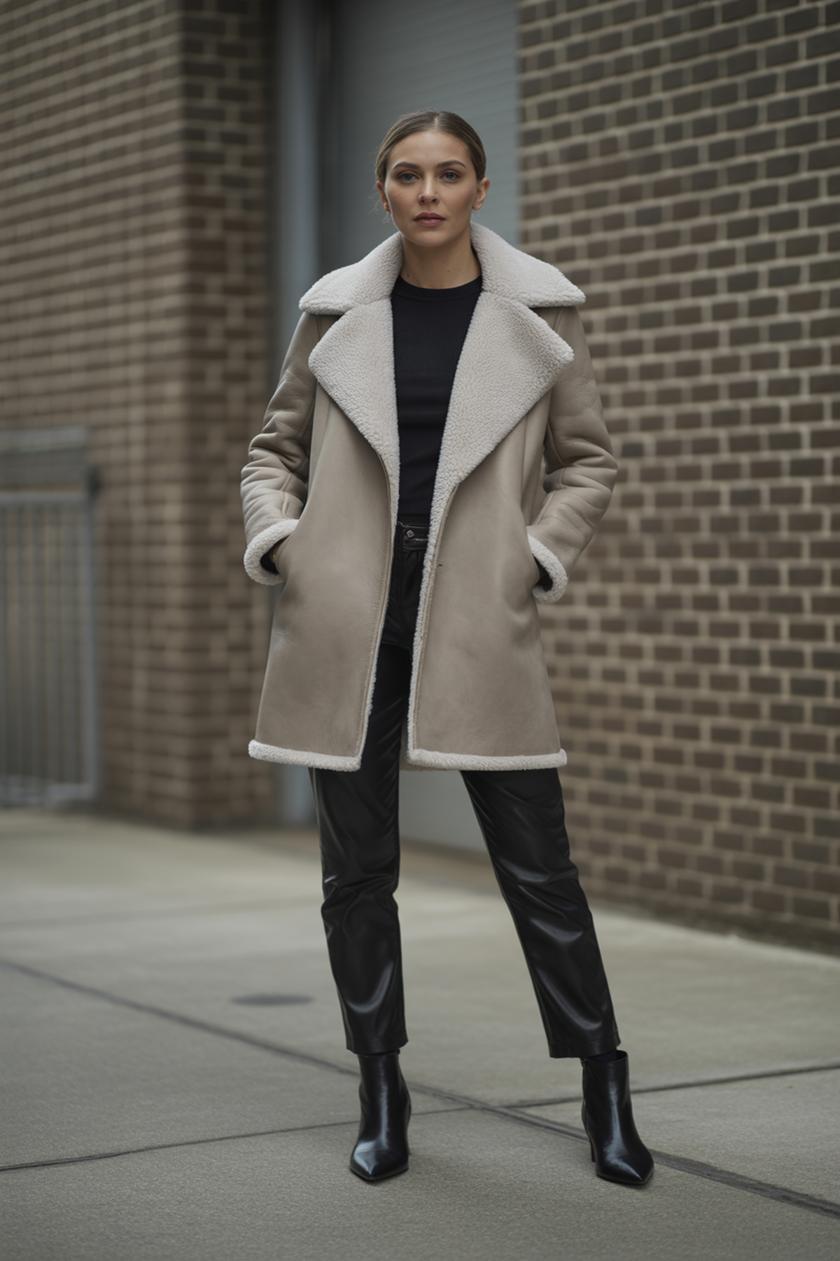 Shearling-Lined Coat With Leather Pants For Edge