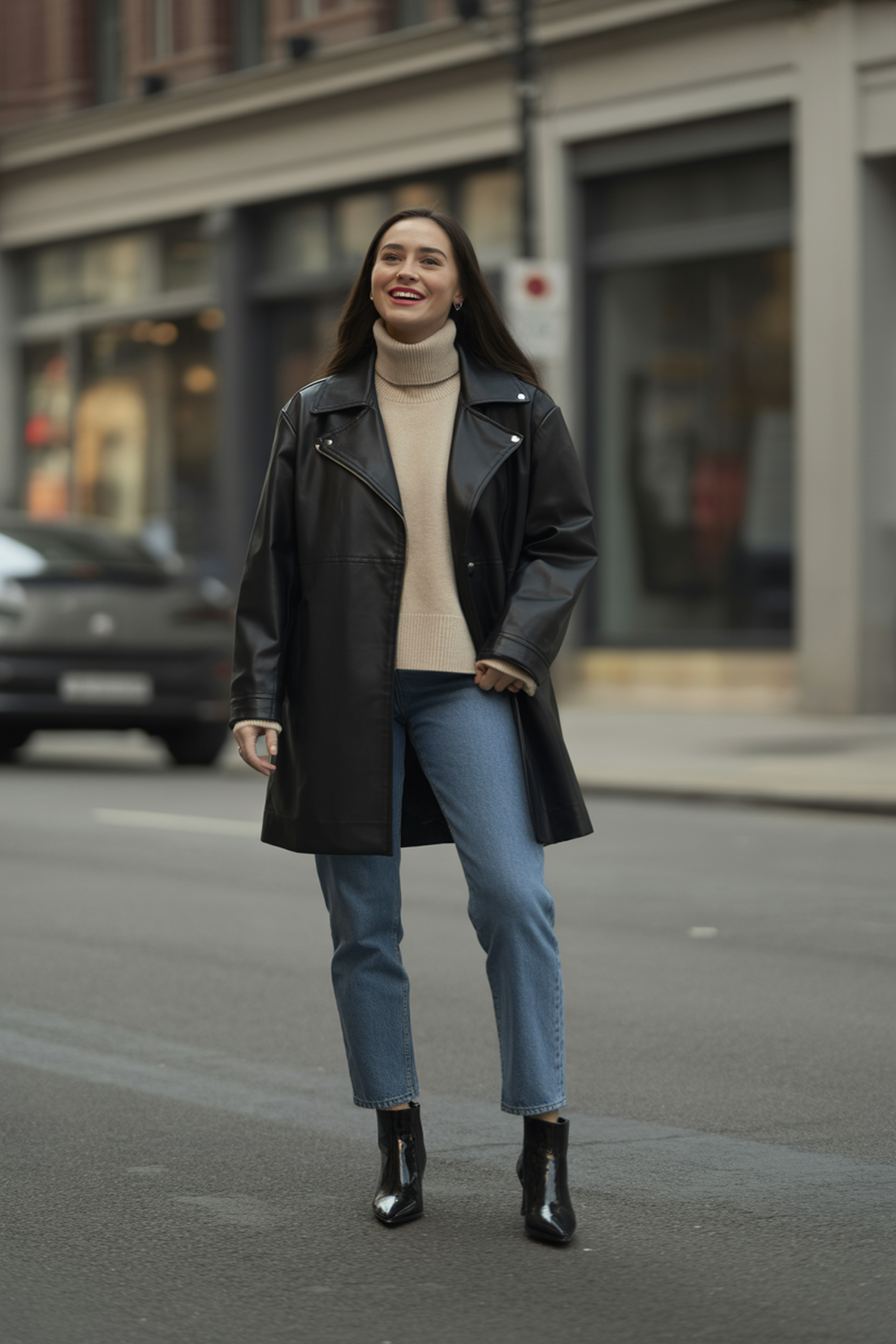 Short Faux Leather Coat With Turtleneck And Jeans