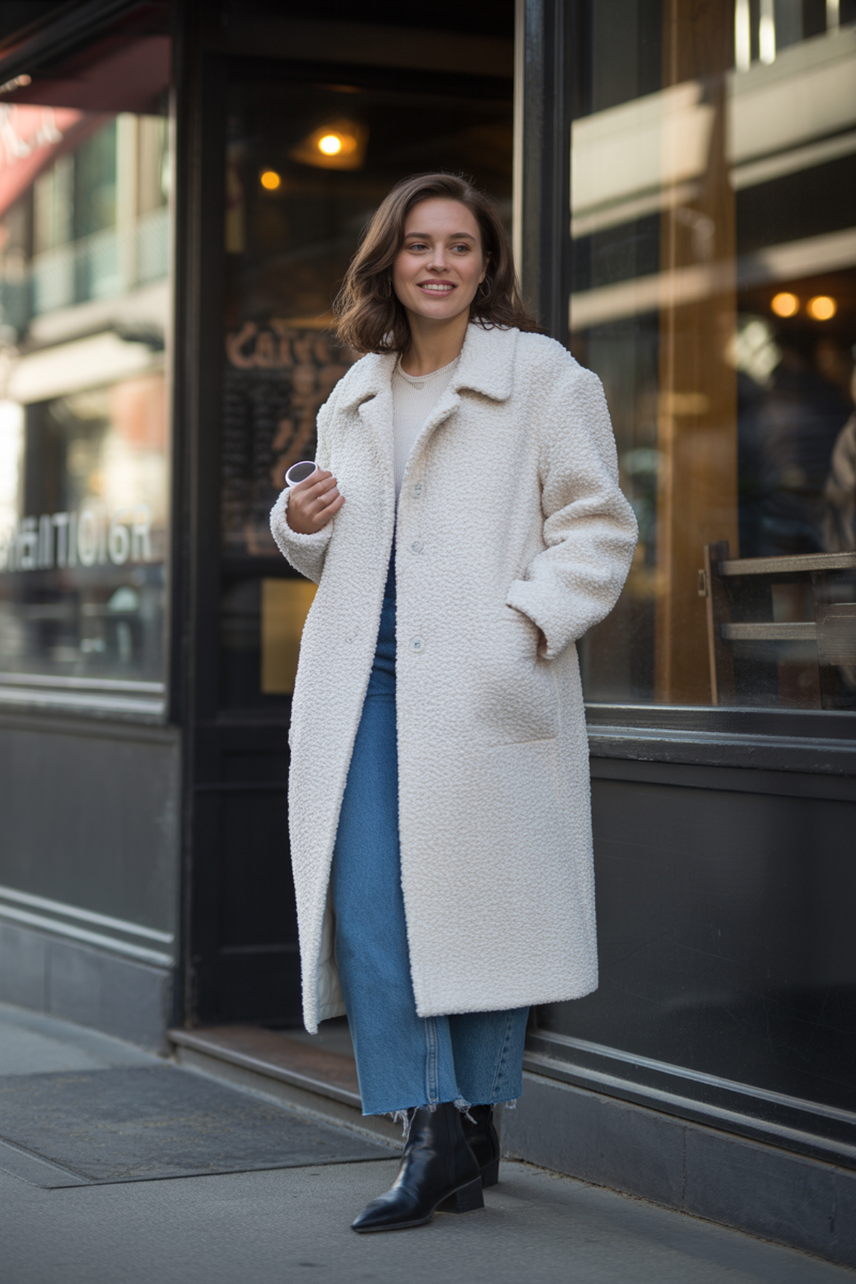 Textured Bouclé Coat With Denim And Ankle Boots
