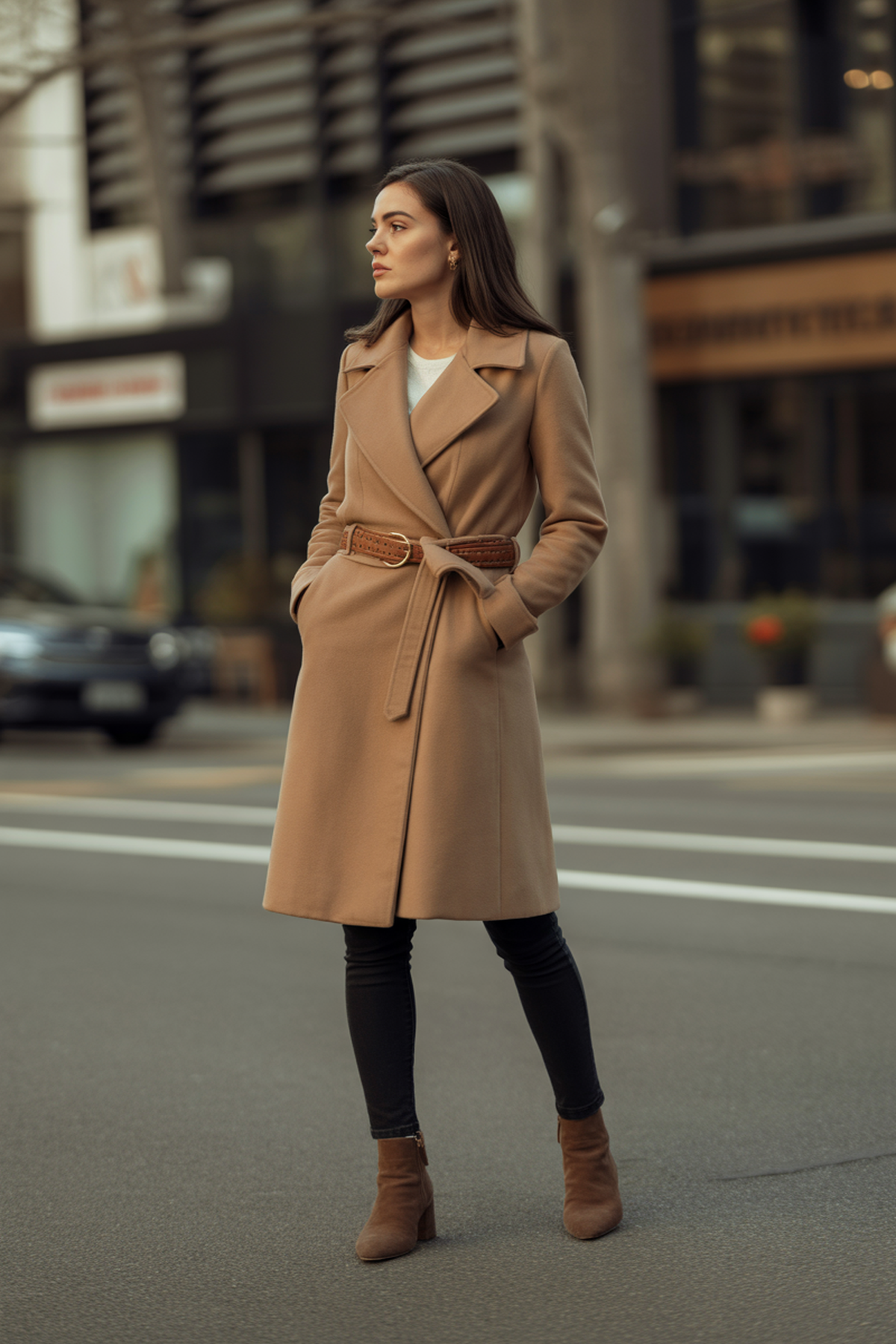 Wrap Coat With Leather Belt And Ankle Booties
