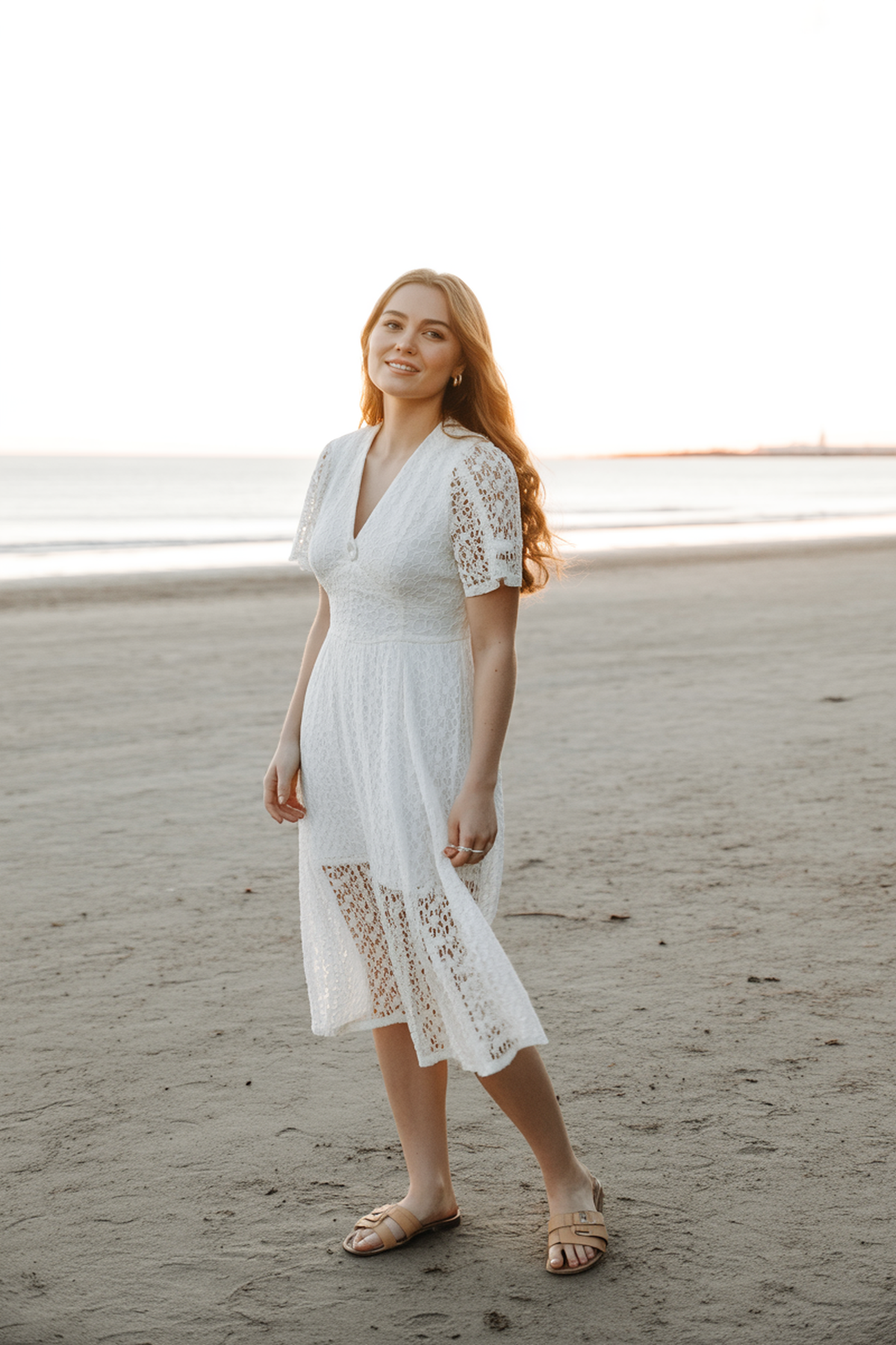 Vestido de Encaje Bohemio con Sandalias Simples