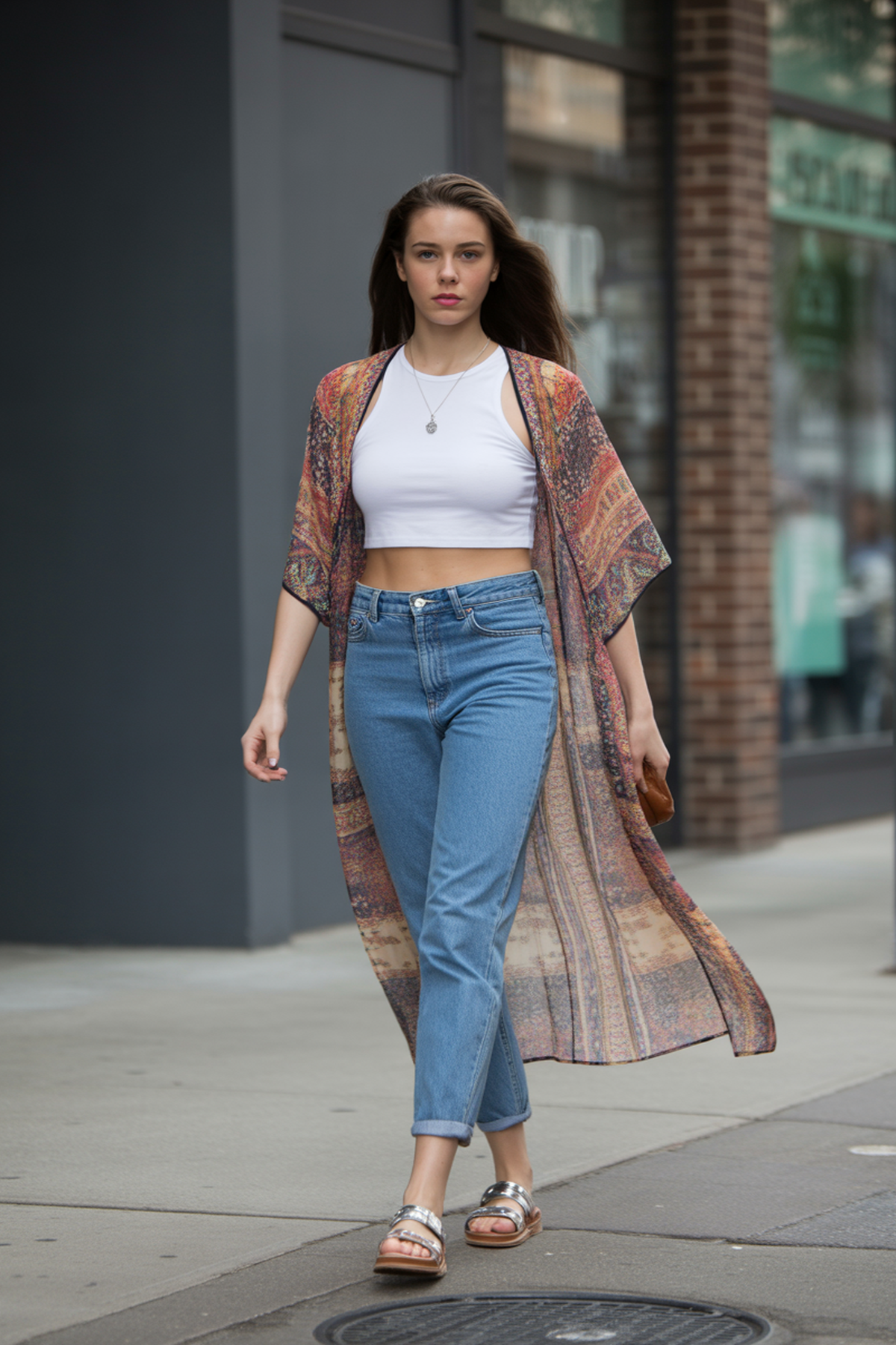 Kimono Estampado Boho con Crop Top y Jeans