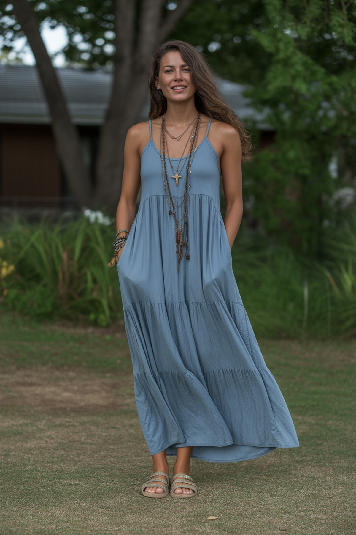 Vestido Maxi Fluido con Collares en Capas