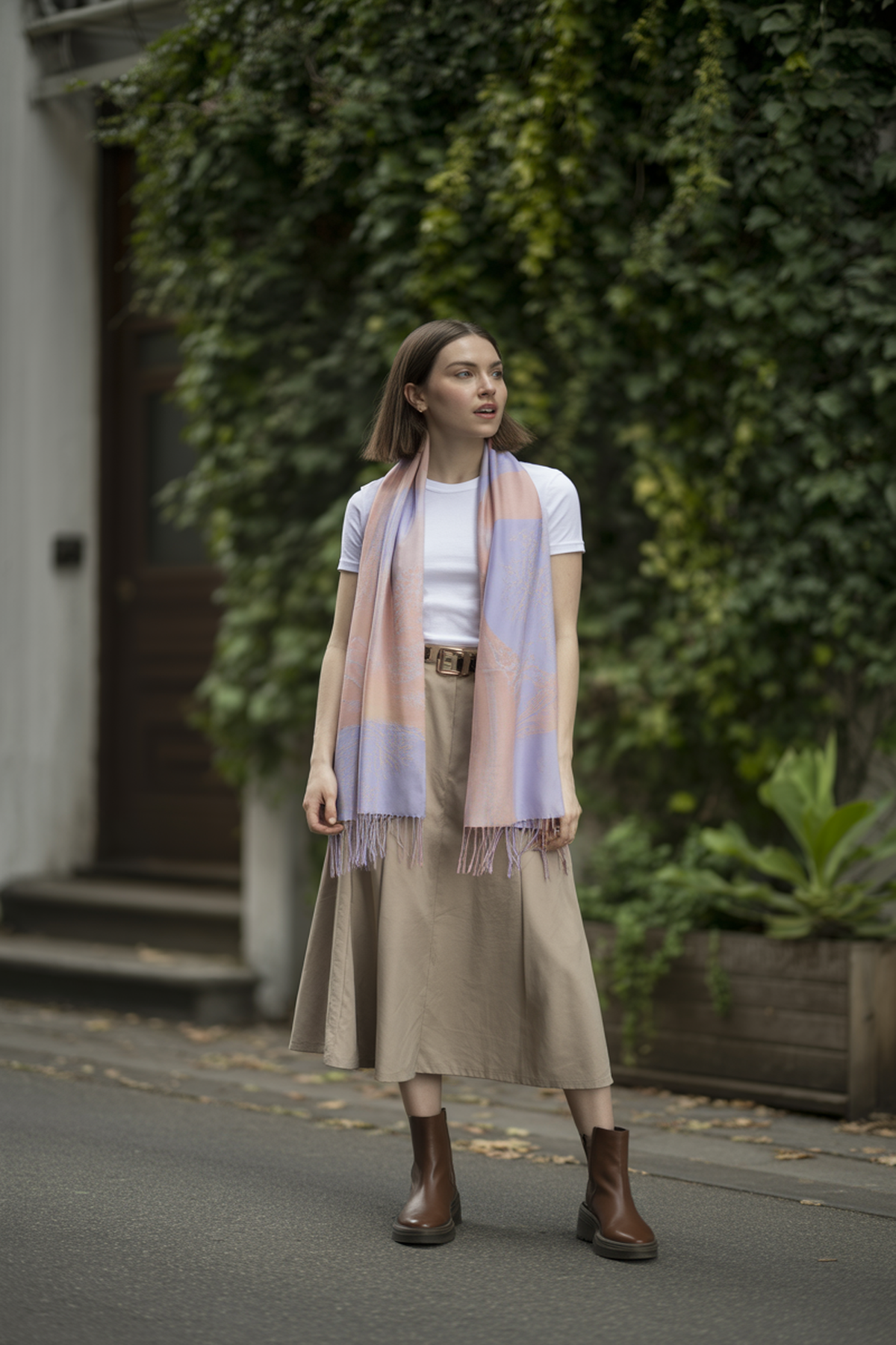 Bufanda Suave Envolviendo un Top Simple y Falda