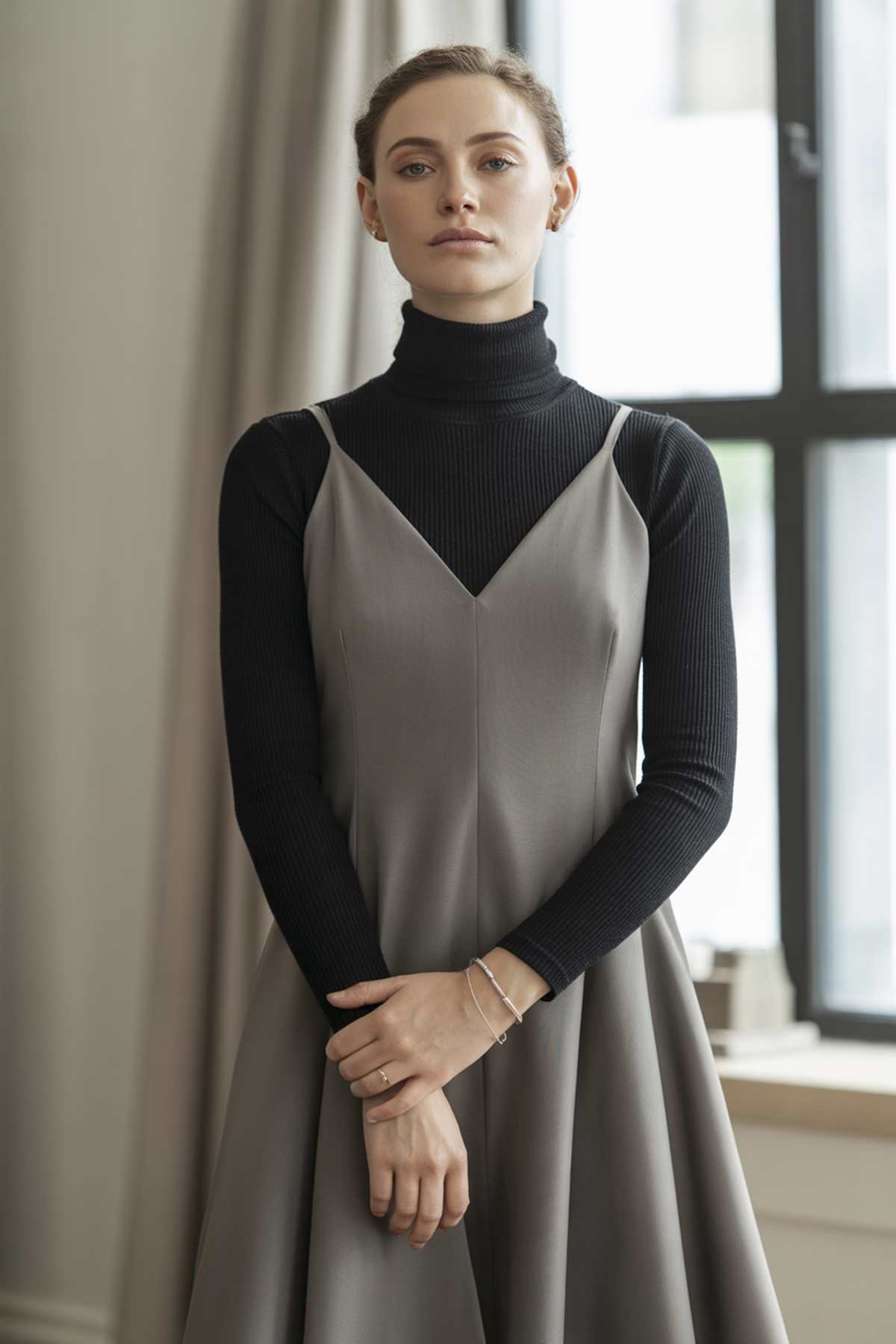 Look en Capas con Cuello Alto y Vestido sin Mangas