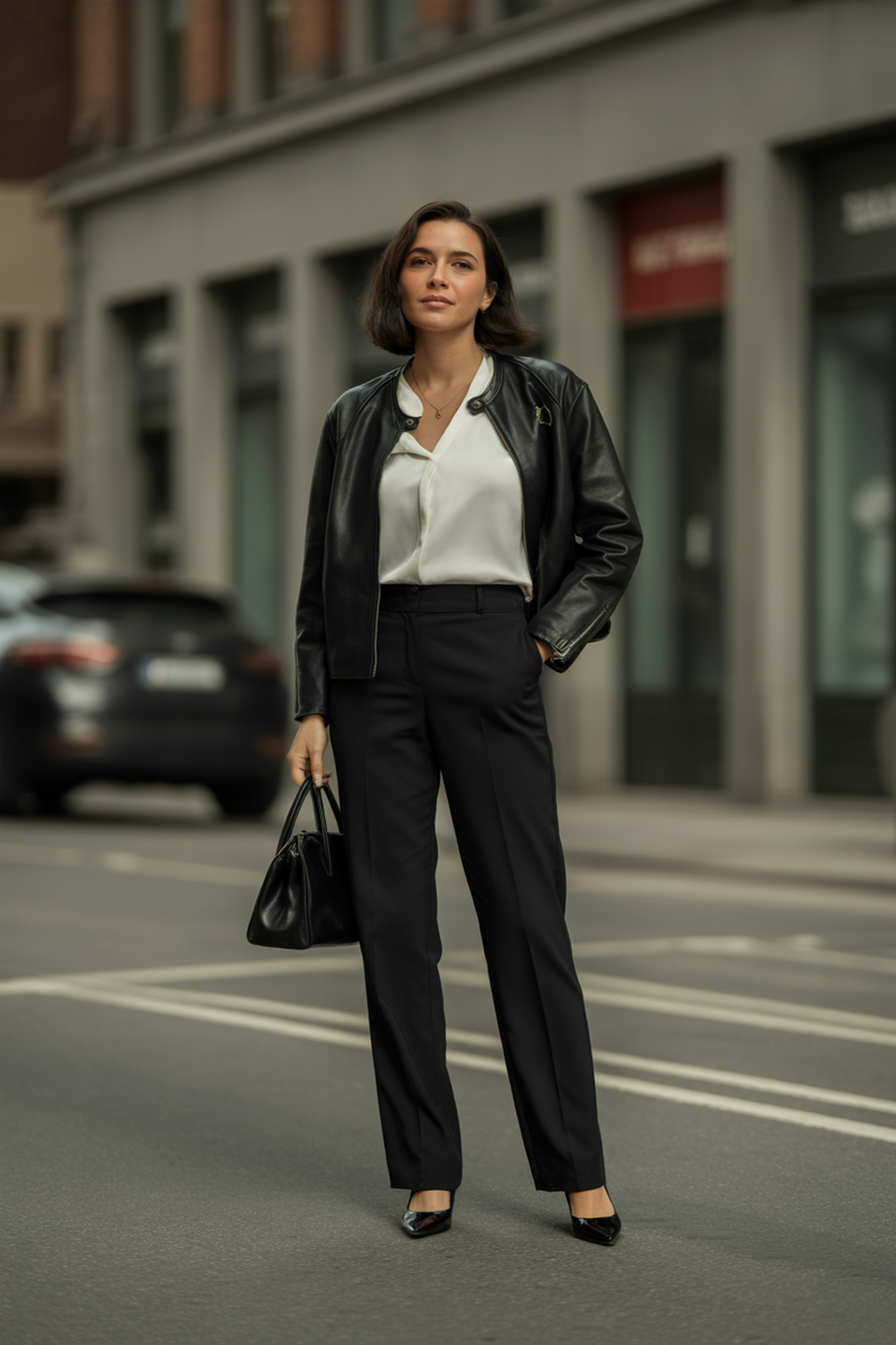 Chaqueta de Cuero Elegante Sobre Piezas Clásicas de Trabajo