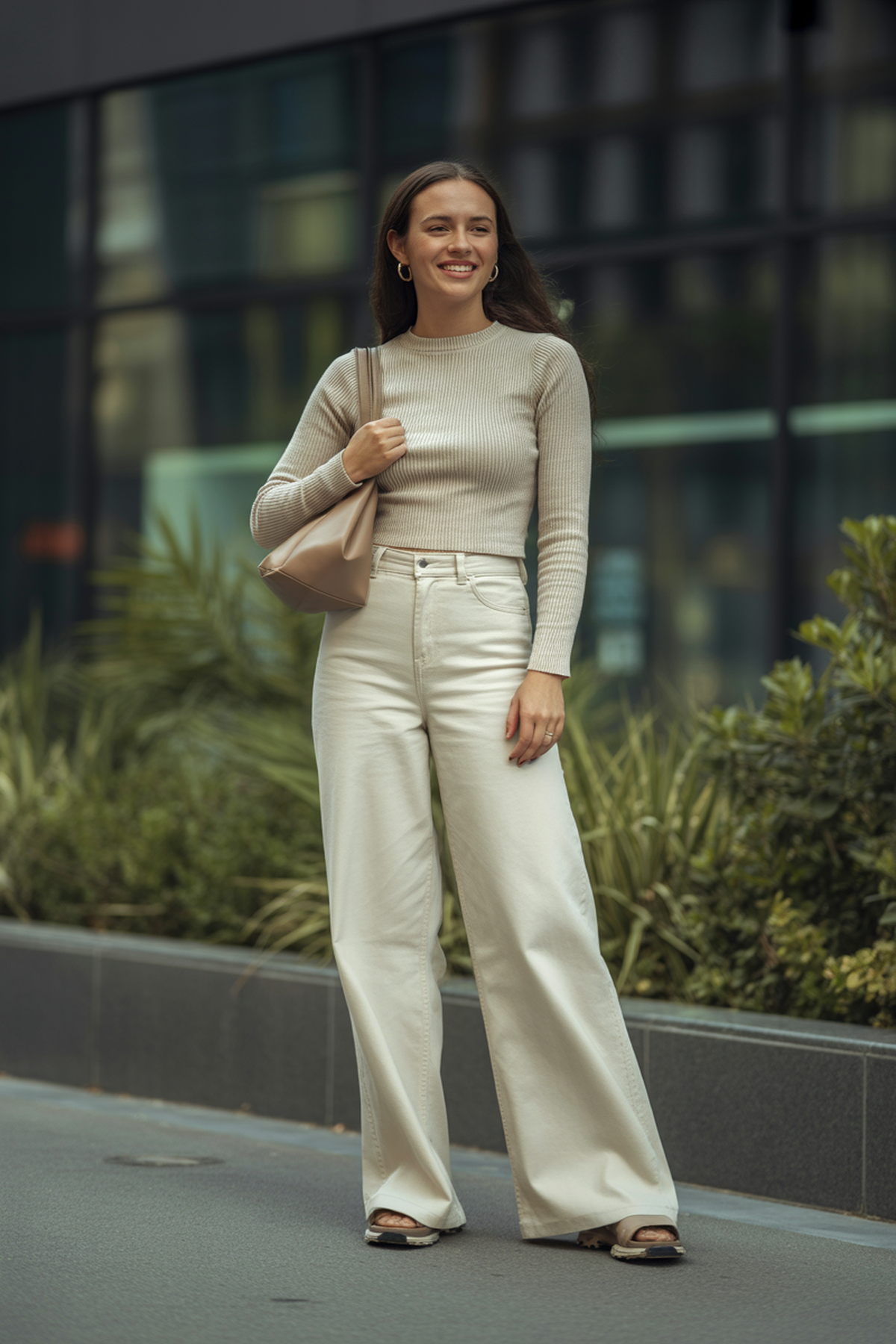 Pantalones de Pierna Ancha con Suéter de Punto Ajustado