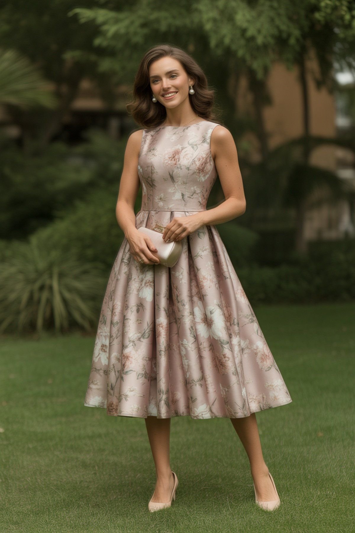Vestido midi floral con accesorios delicados