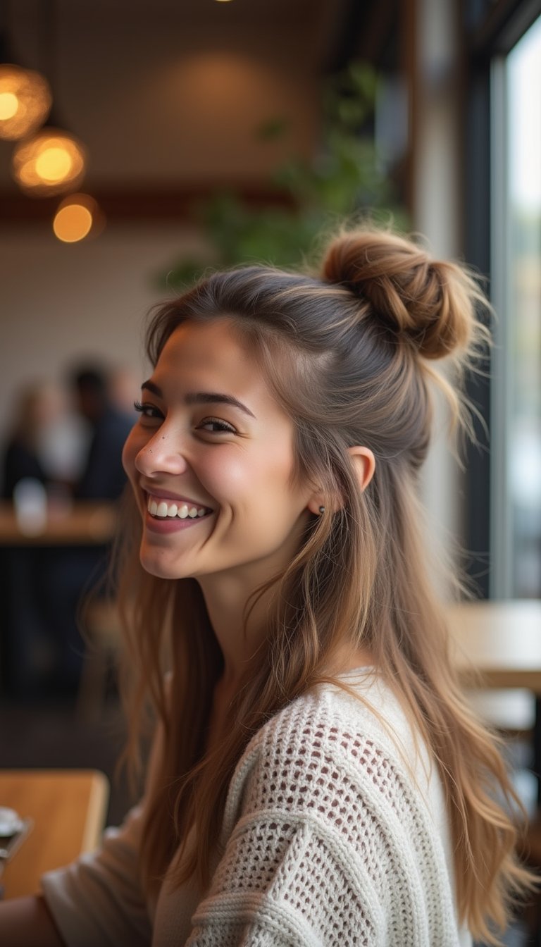 Half-Up Top Knot That Survives A Beanie