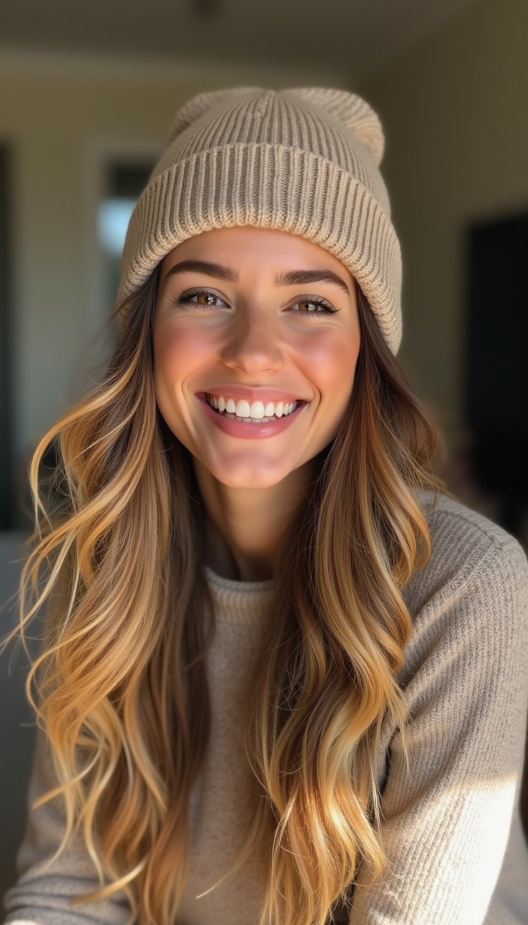 Loose Beachy Waves Peeking From Beanie