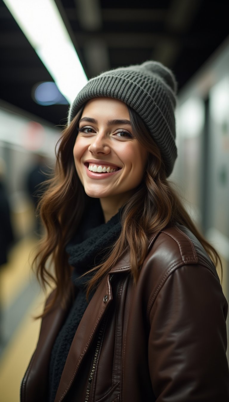 Sleek Middle Part Under A Fitted Beanie
