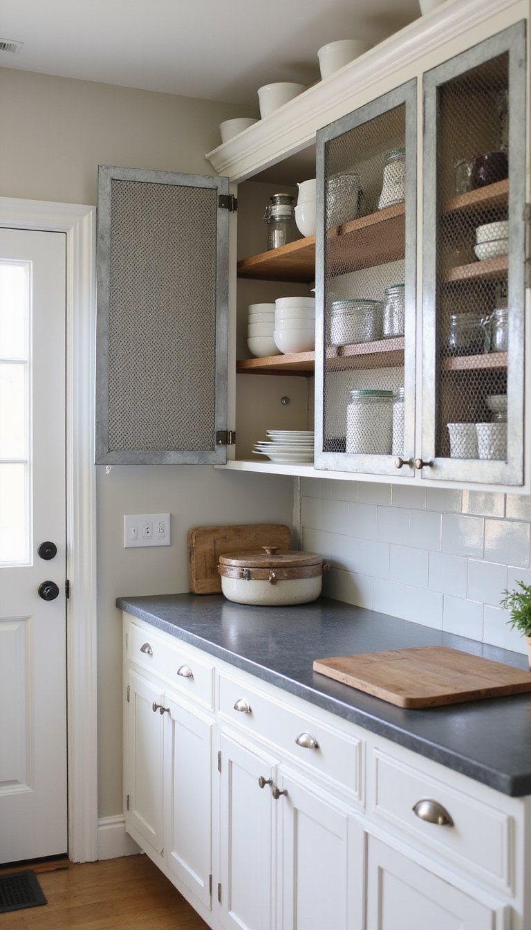 Metal Mesh Cabinet Doors On Open Shelving