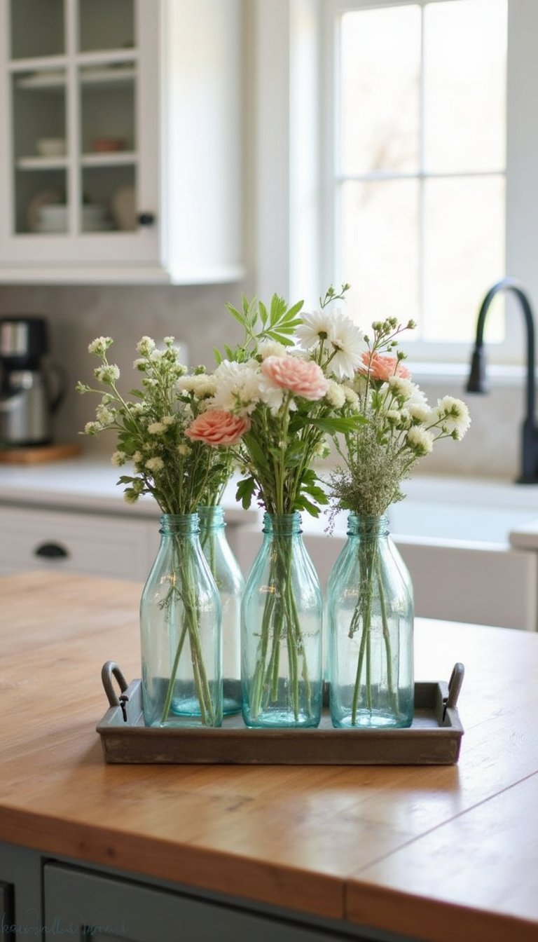 Milk Bottle Bud Vases Clustered On Tray