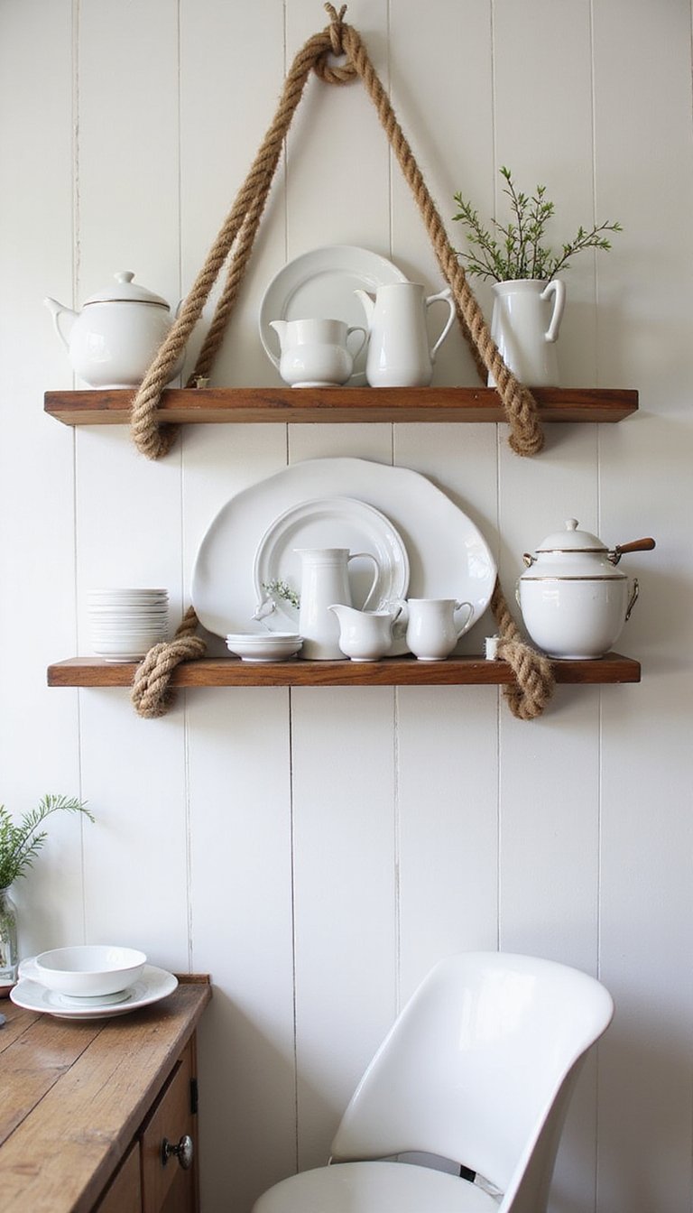 Rope Shelf Brackets With Rustic Pine Shelves