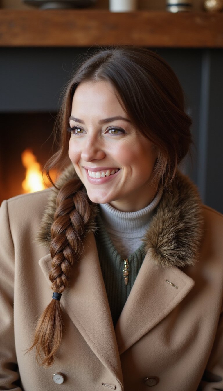 Side Braid Paired With Faux Fur Collar