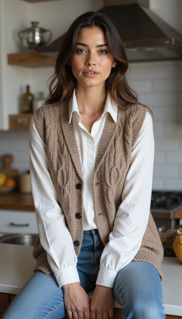 Cable Knit Vest Layered Over Crisp Button-Down