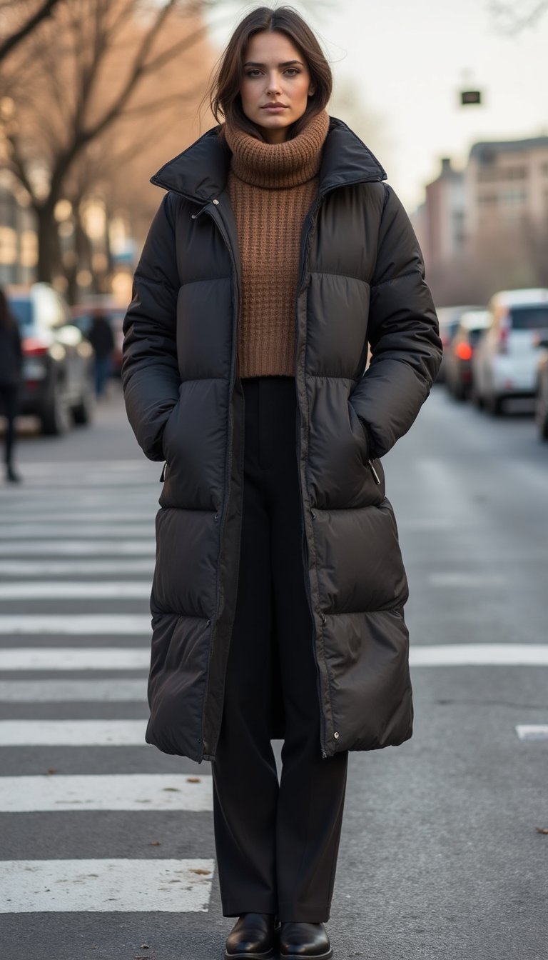 Down Coat Over Tailored Blazer For Warmth