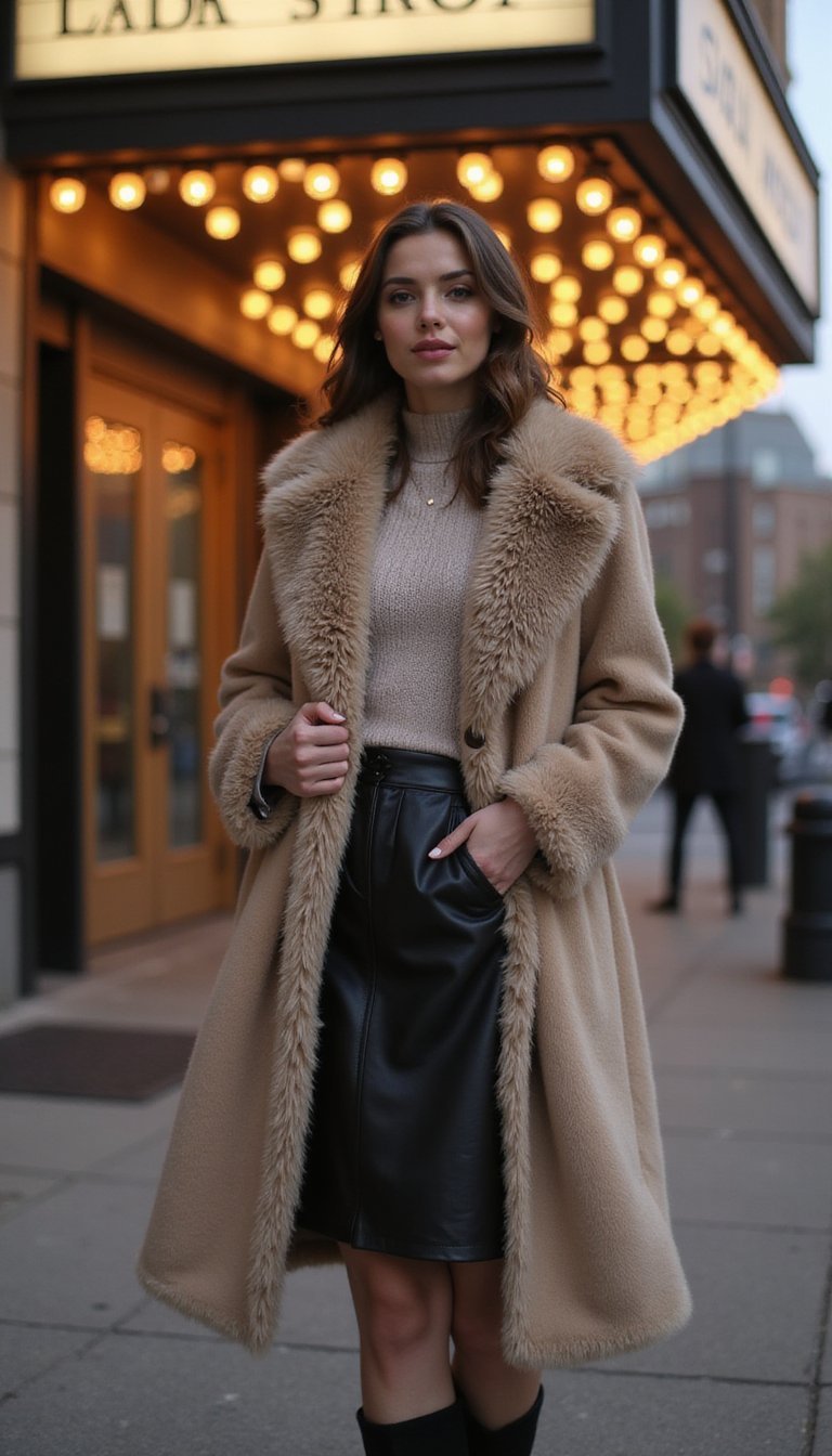 Faux Fur Collar Coat With A-Line Skirt