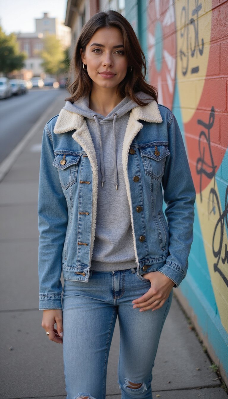 Fleece Lined Denim Jacket With Layered Hoodie