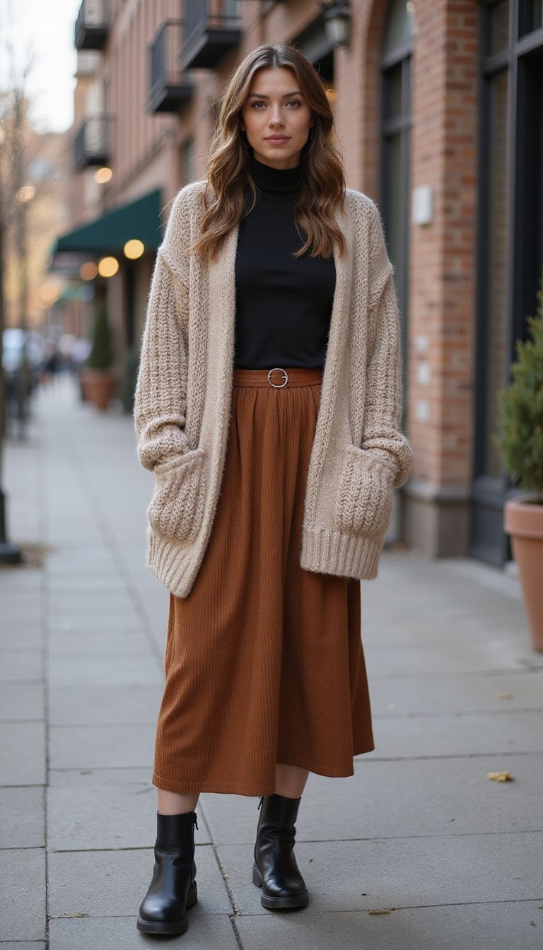 Layered Turtleneck And Chunky Cardigan Midi