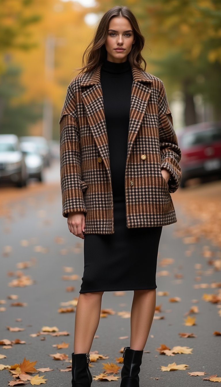 Oversized Plaid Shacket Over Turtleneck Dress