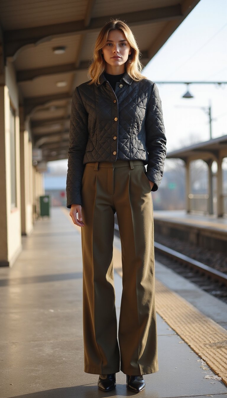 Quilted Jacket With Wide-Leg Wool Trousers