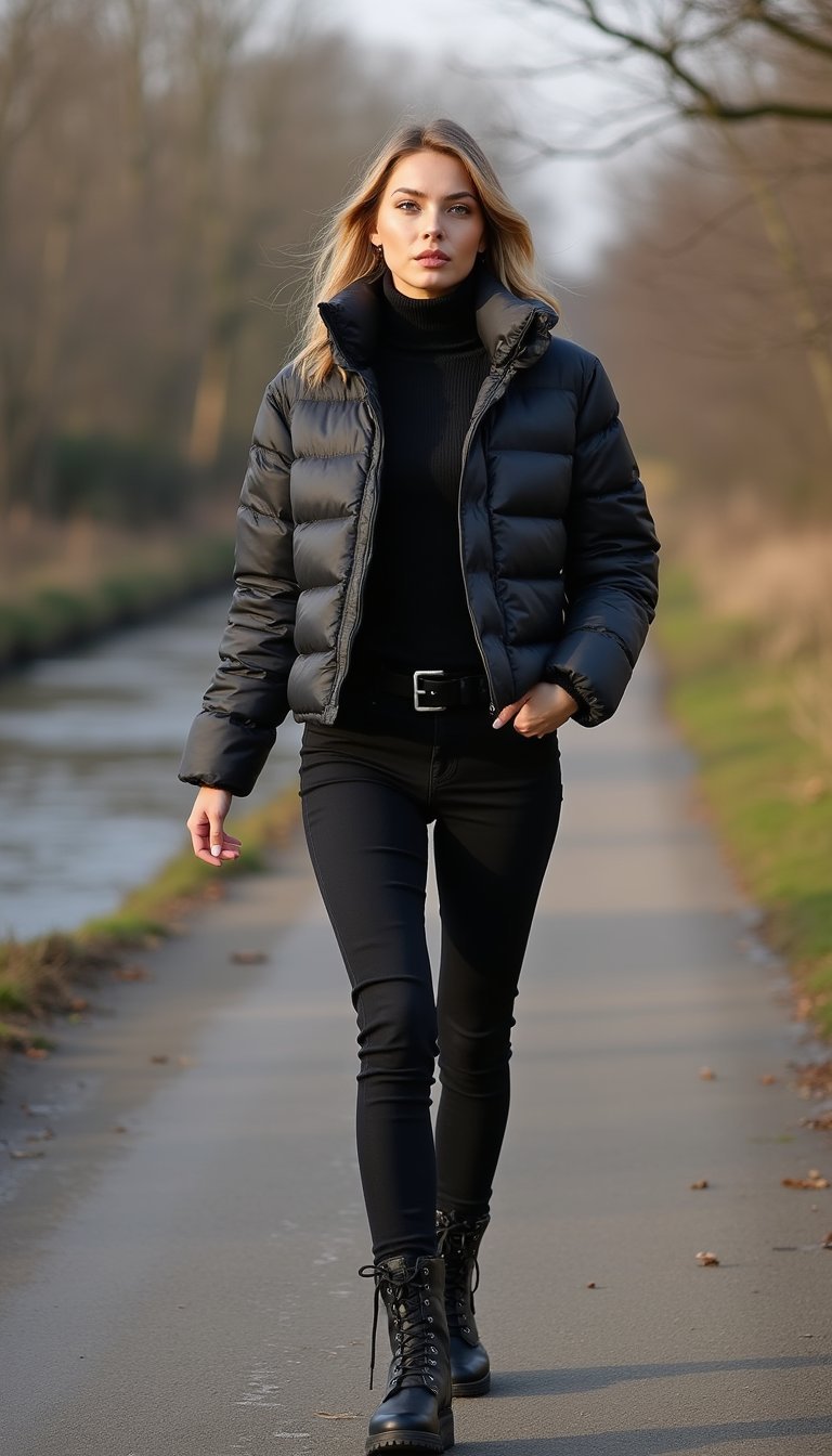 Rollneck Layered With Puffer And Combat Boots