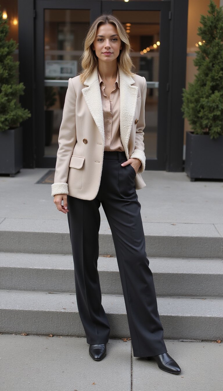 Sherpa Lined Blazer Paired With Silk Blouse