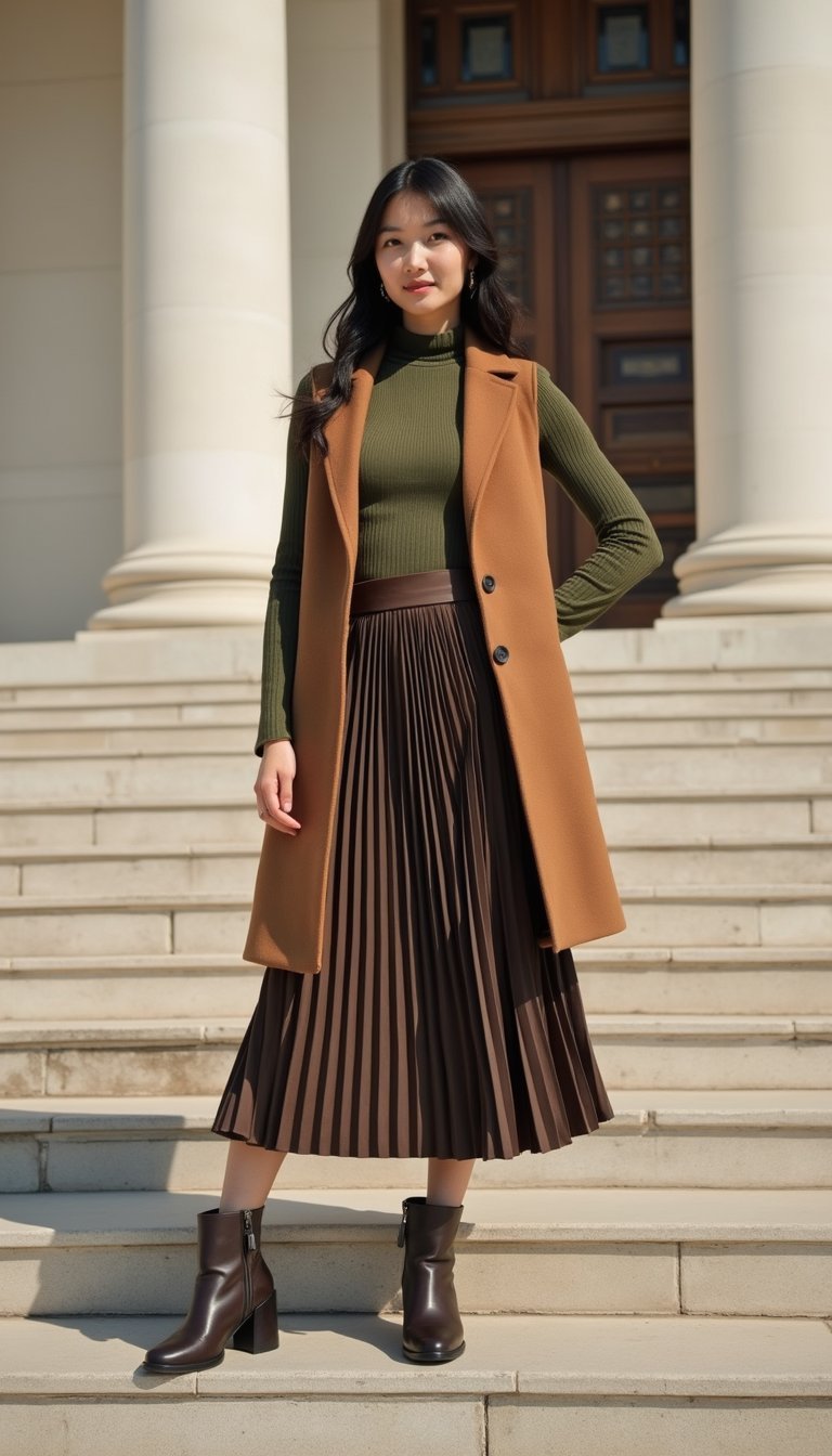 Turtleneck Longline Vest And Pleated Skirt