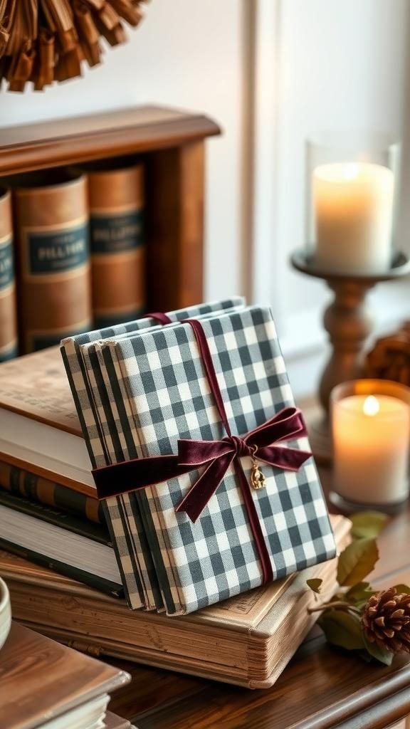 Gingham Fabric-Wrapped Vintage Book Stack