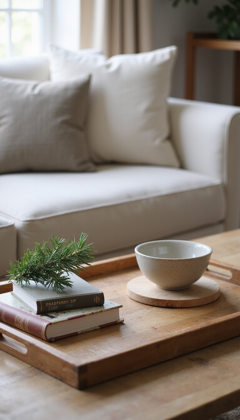 Toast-Stained Wood Tray For Coffee Table Vignette